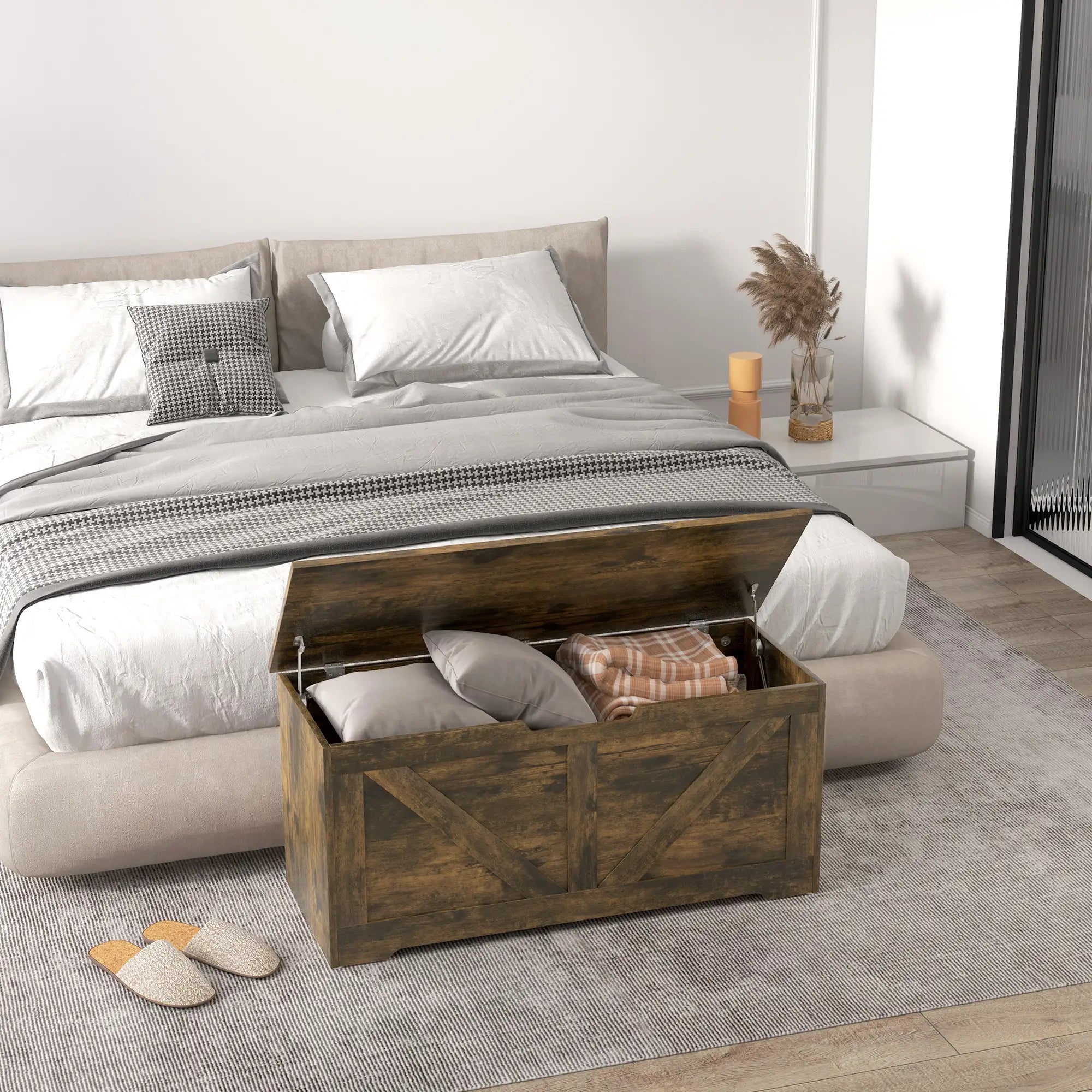 39.4 Inches Wooden Storage Chest, 2 Safety Hinges, Brown Wood Grain Storage Cabinets at Gallery Canada