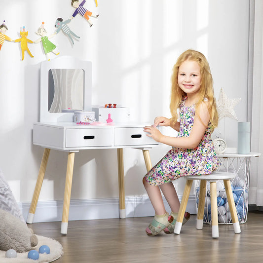 Kids Vanity Set With Mirror, Stool, Drawers, White Kids Bedroom Furniture White, Natural at Gallery Canada