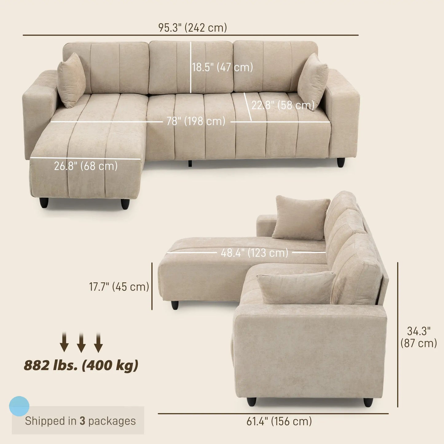 Canapé sectionnel en forme de L 3 places avec méridienne, coussin à ressorts, oreillers, beige