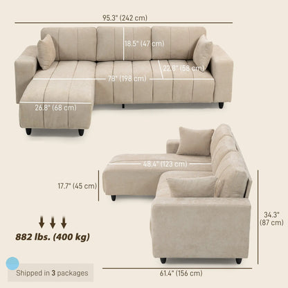 Canapé sectionnel en forme de L 3 places avec méridienne, coussin à ressorts, oreillers, beige