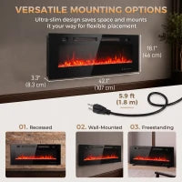42" Electric Fireplace, Ultra-Thin Recessed, Wall Mounted, Black, Black