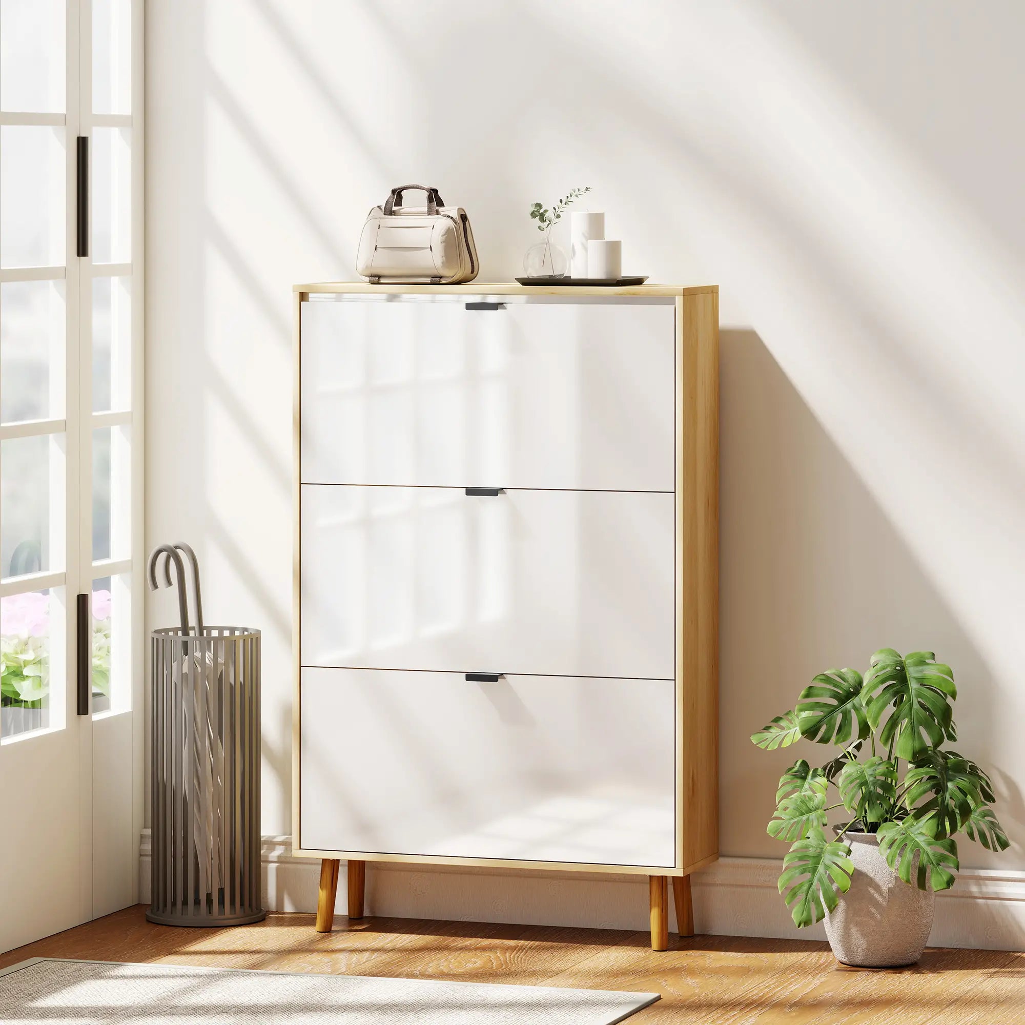 Narrow Shoe Cabinet, 3 Flip Drawers, Adjustable Shelves, Holds 24 Pairs, White Shoe Storage Cabinets & Racks at Gallery Canada