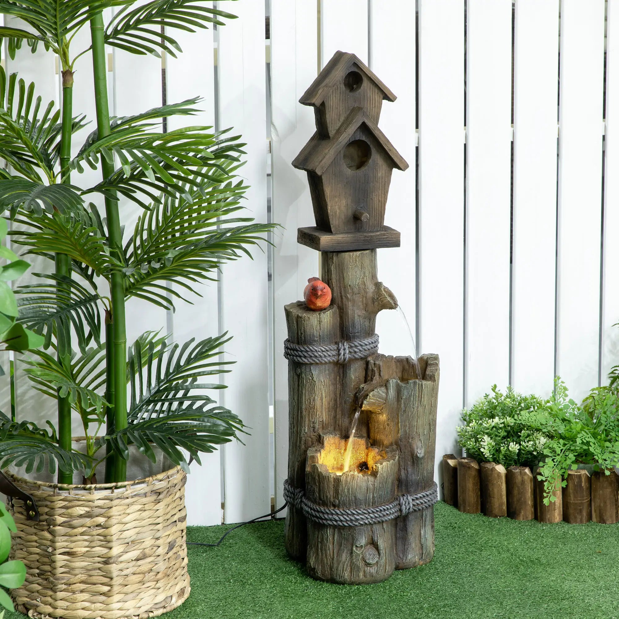 Outdoor Fountain, Garden Waterfall with Birdhouse, 3-Tier Tree Trunk, LED Lights, Brown Water Fountains at Gallery Canada