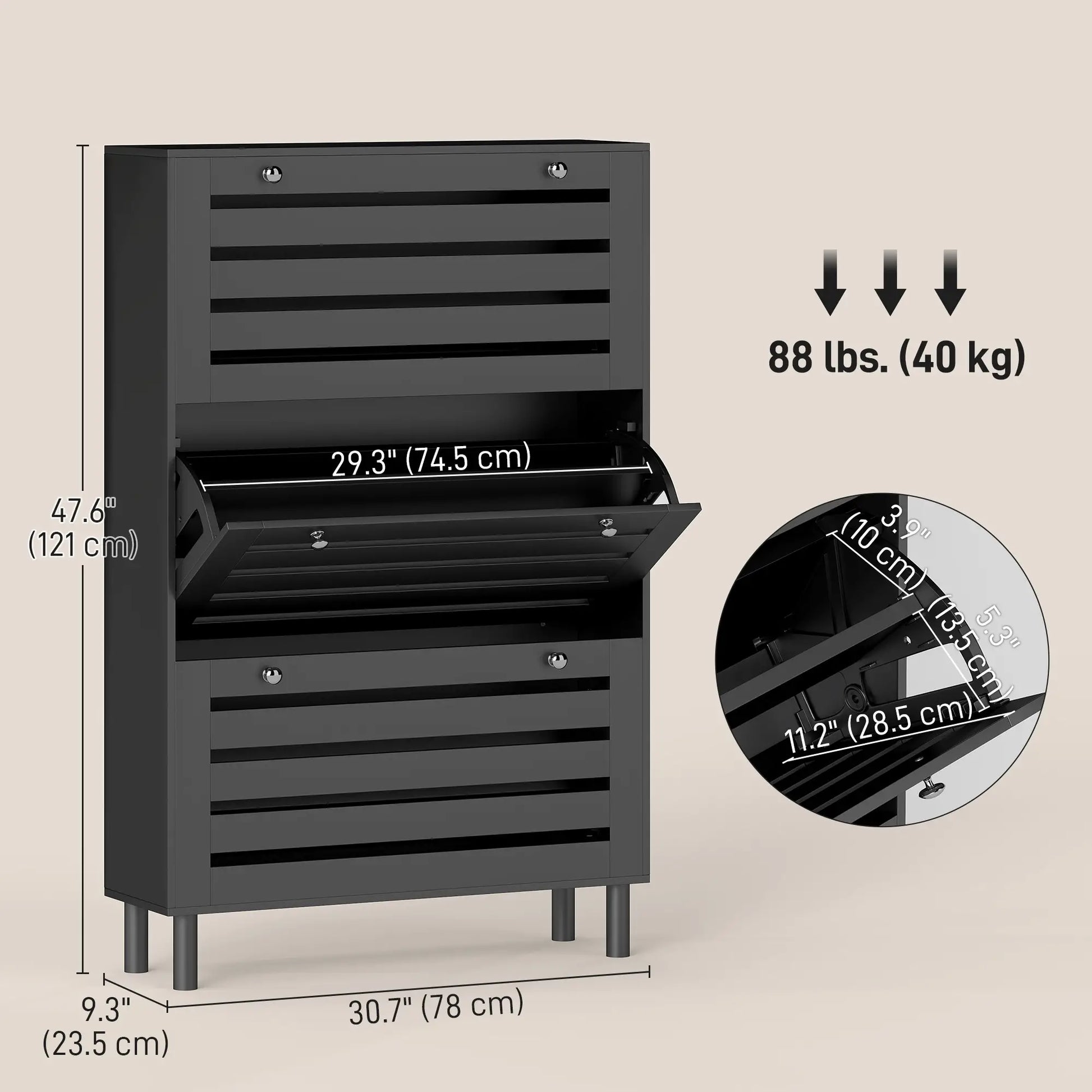 Narrow Shoe Storage Cabinet, 3 Flip Drawers, Adjustable Shelves, 24 Pairs, Black Shoe Storage Cabinets & Racks at Gallery Canada