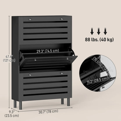 Narrow Shoe Storage Cabinet, 3 Flip Drawers, Adjustable Shelves, 24 Pairs, Black Shoe Storage Cabinets & Racks at Gallery Canada