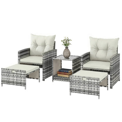 5 Piece Patio Furniture Set, Wicker Chairs With Ottomans, 2-Tier Glass Coffee Table, Grey/Cream White Patio Furniture Sets Mixed Grey, Cream White, Black at Gallery Canada