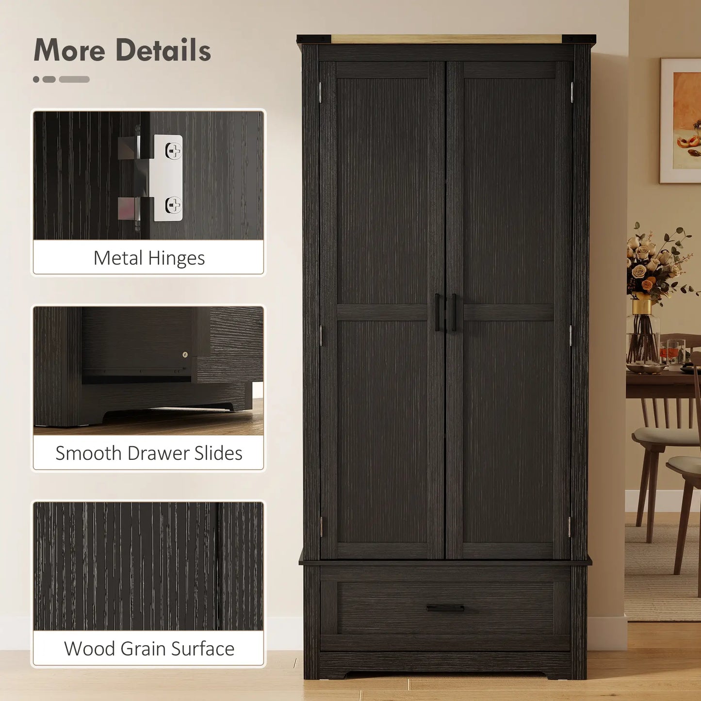 69" Tall Kitchen Pantry Cabinet, 2 Doors, Drawer, Adjustable Shelves, Black Brown Kitchen Pantry Cabinets at Gallery Canada