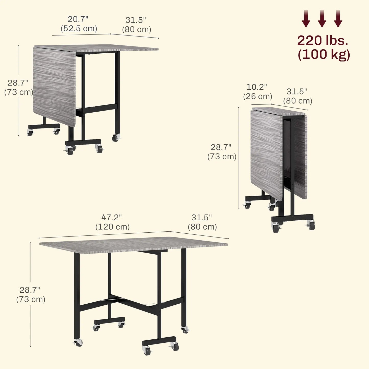 6-Seater Drop-Leaf Dining Table With Wheels, Grey, Grey