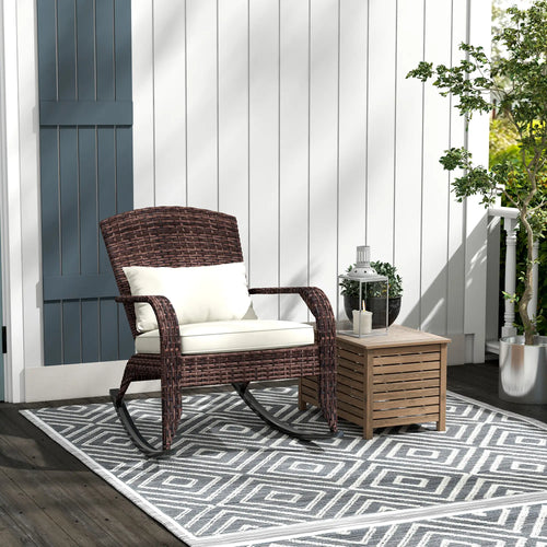 Outdoor Wicker Rocking Chair, High Back, Seat Cushion, Cream/Brown