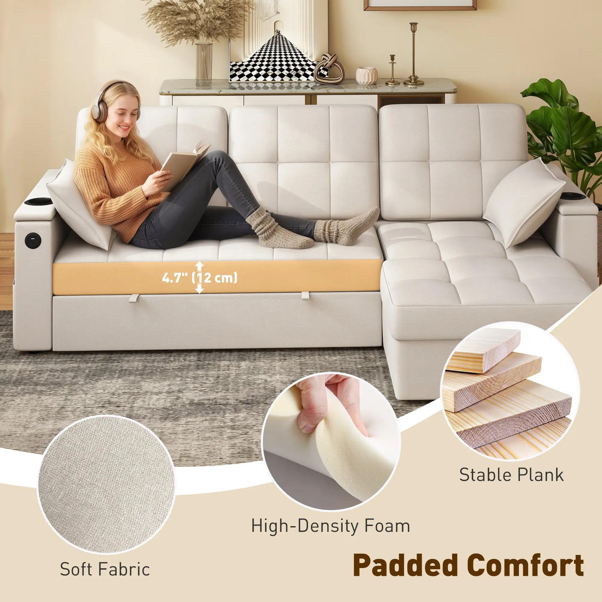 Convertible Sectional Sofa Bed, Pull Out Sleeper With USB‑A+C, Chaise Storage, L-Shaped Futon, Beige Sofas & Reclining Chairs at Gallery Canada