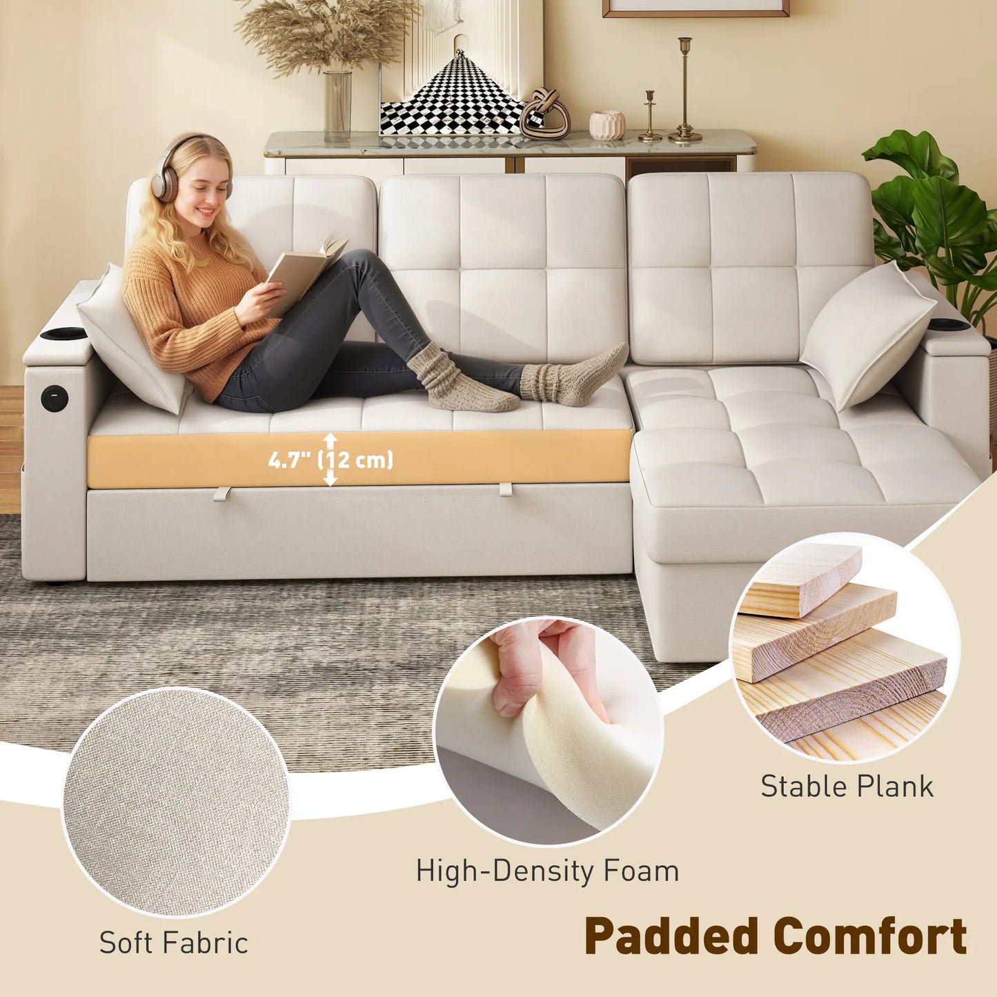 Convertible Sectional Sofa Bed, Pull Out Sleeper With USB‑A+C, Chaise Storage, L-Shaped Futon, Beige Sofas & Reclining Chairs at Gallery Canada