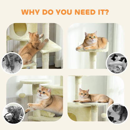 62" Cat Tree, Scratching Post, 2 Condos, Hammock, Perches, Beige