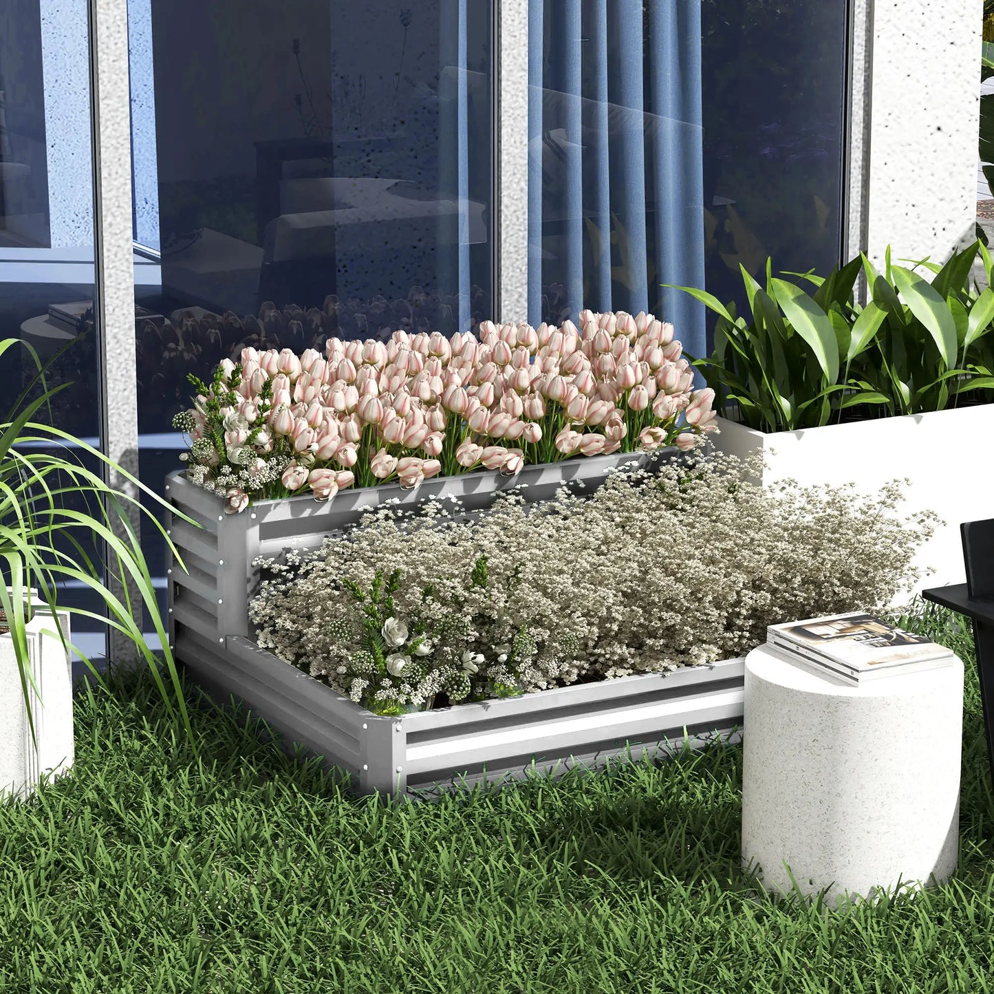2 Tier Galvanized Raised Garden Bed, Steel Planter Box, 47" x 40" x 23", Silver Galvanized Planter Boxes at Gallery Canada