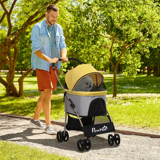 4 Wheels Pet Stroller, Folding Carrier for Small Dogs, Detachable, Yellow Dog Bike Trailers & Strollers Yellow at Gallery Canada