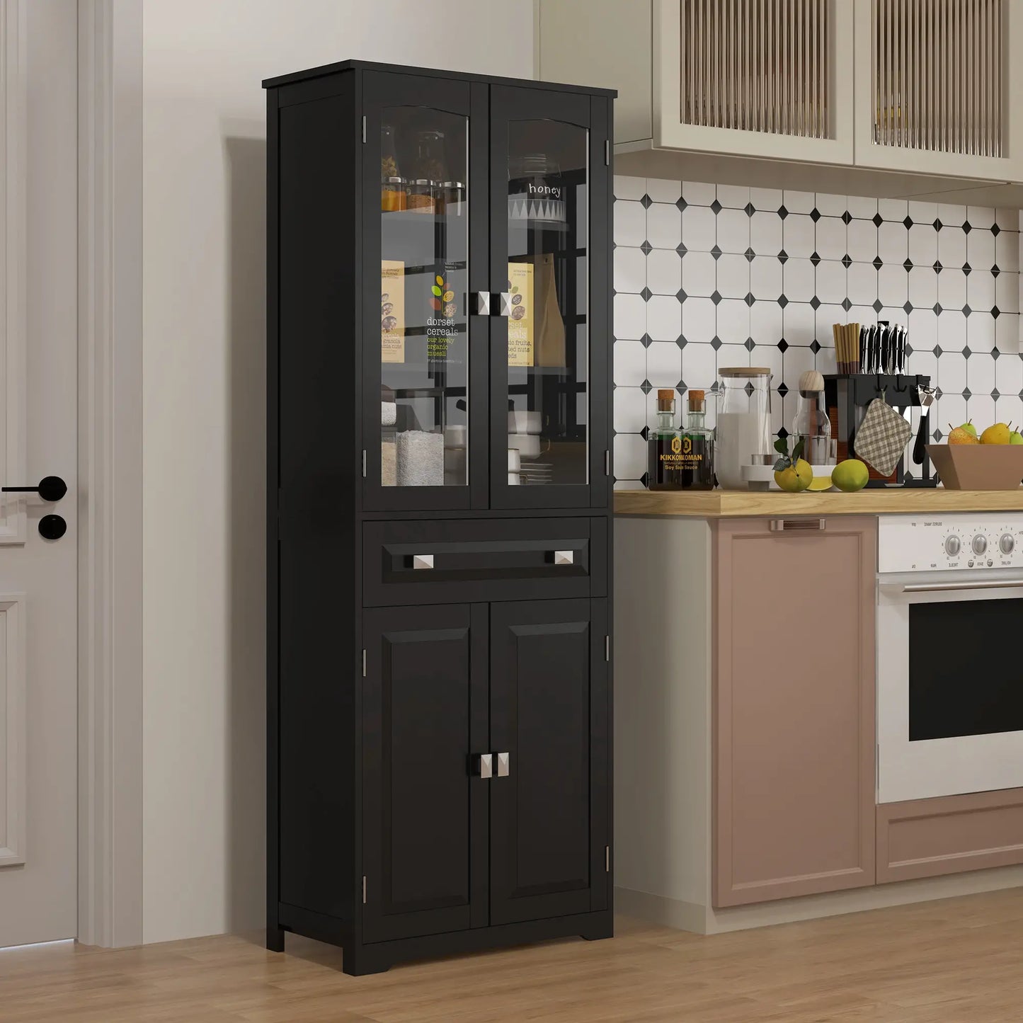 63" 4-Door Kitchen Pantry Cabinet, Adjustable Shelves, Black Kitchen Pantry Cabinets at Gallery Canada