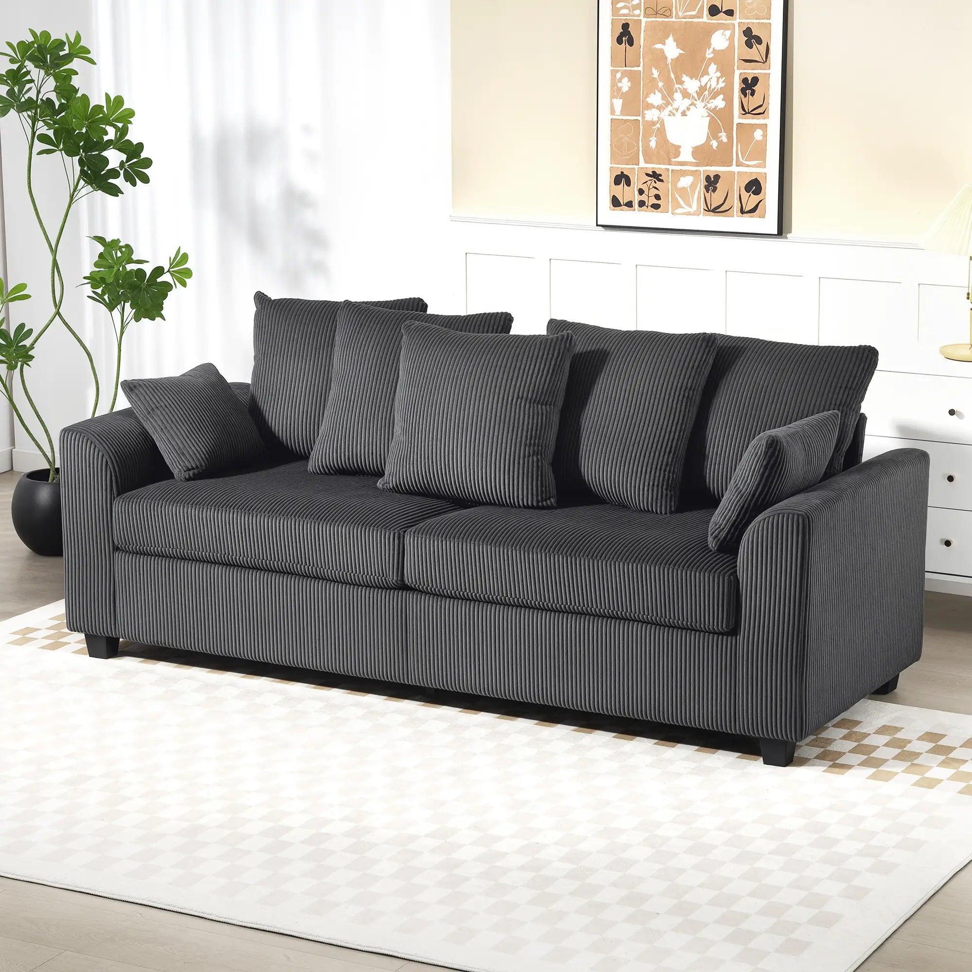 Corduroy Couch, 3 Seater Sofa, Modern Upholstered with Curved Armrests, 8 Removable Pillows, Dark Grey 3-Seater Sofas at Gallery Canada