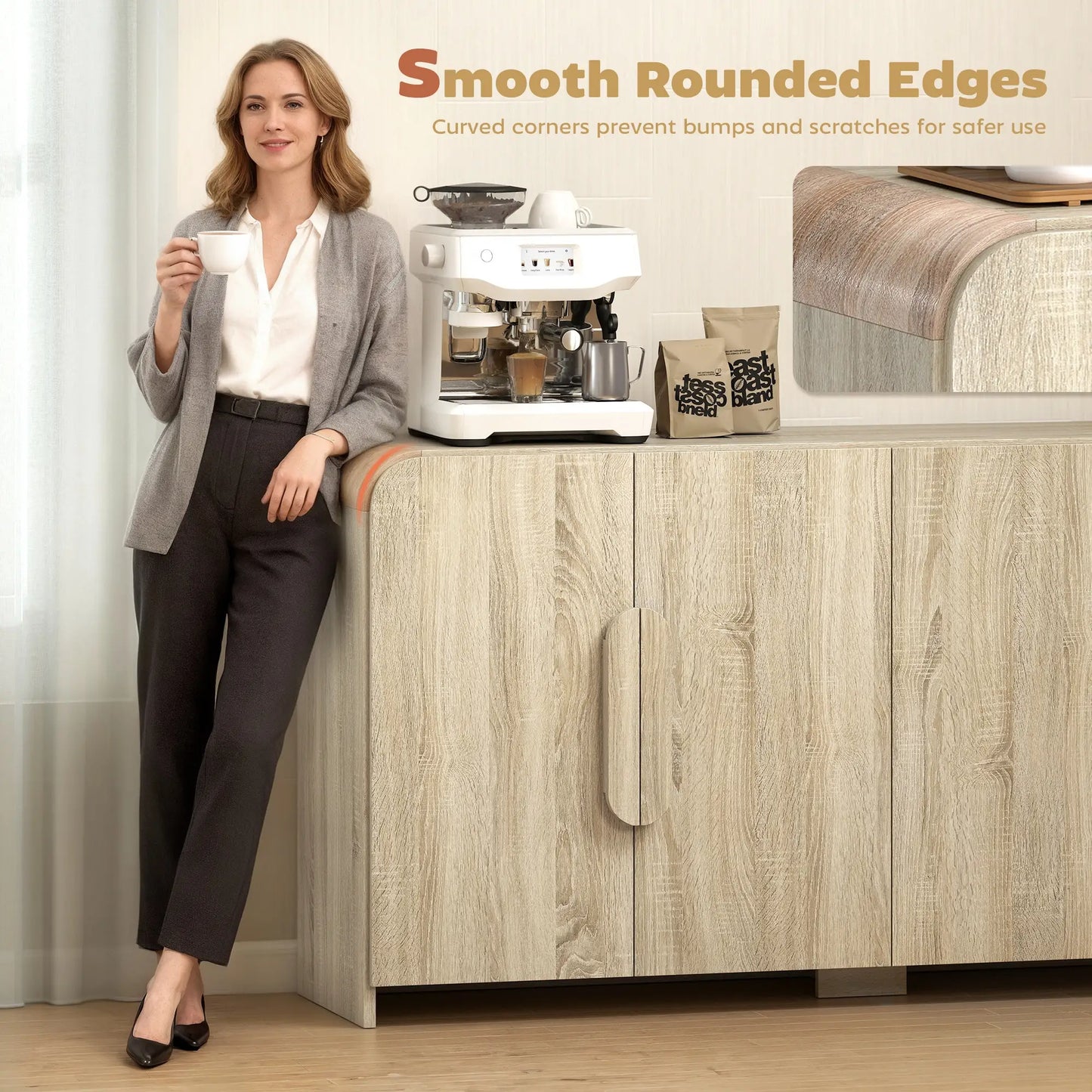 62" Sideboard Buffet Cabinet, Modern Kitchen Storage, Natural Wood