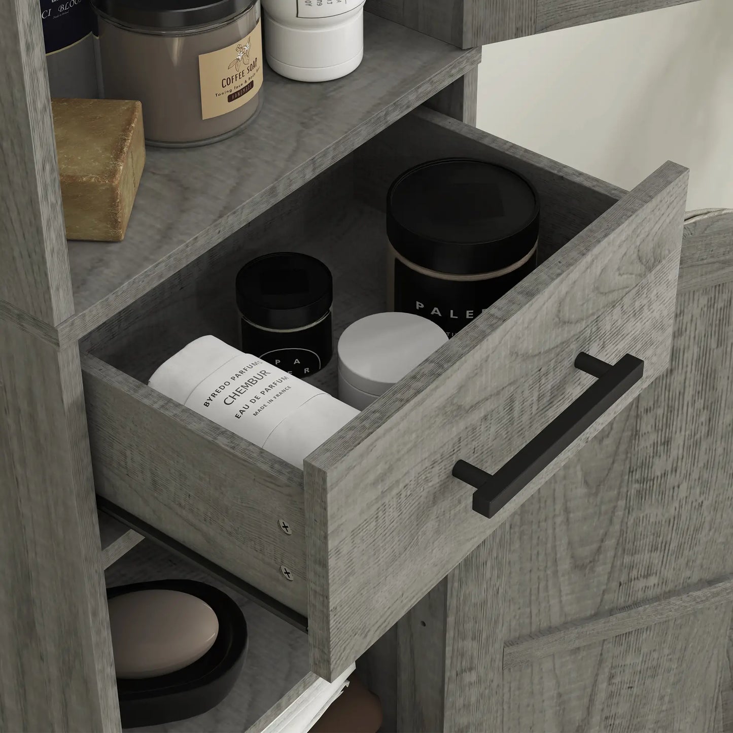 67" Tall Narrow Bathroom Cabinet, Adjustable Shelves, Barn Doors, Dark Grey Bathroom Cabinets at Gallery Canada