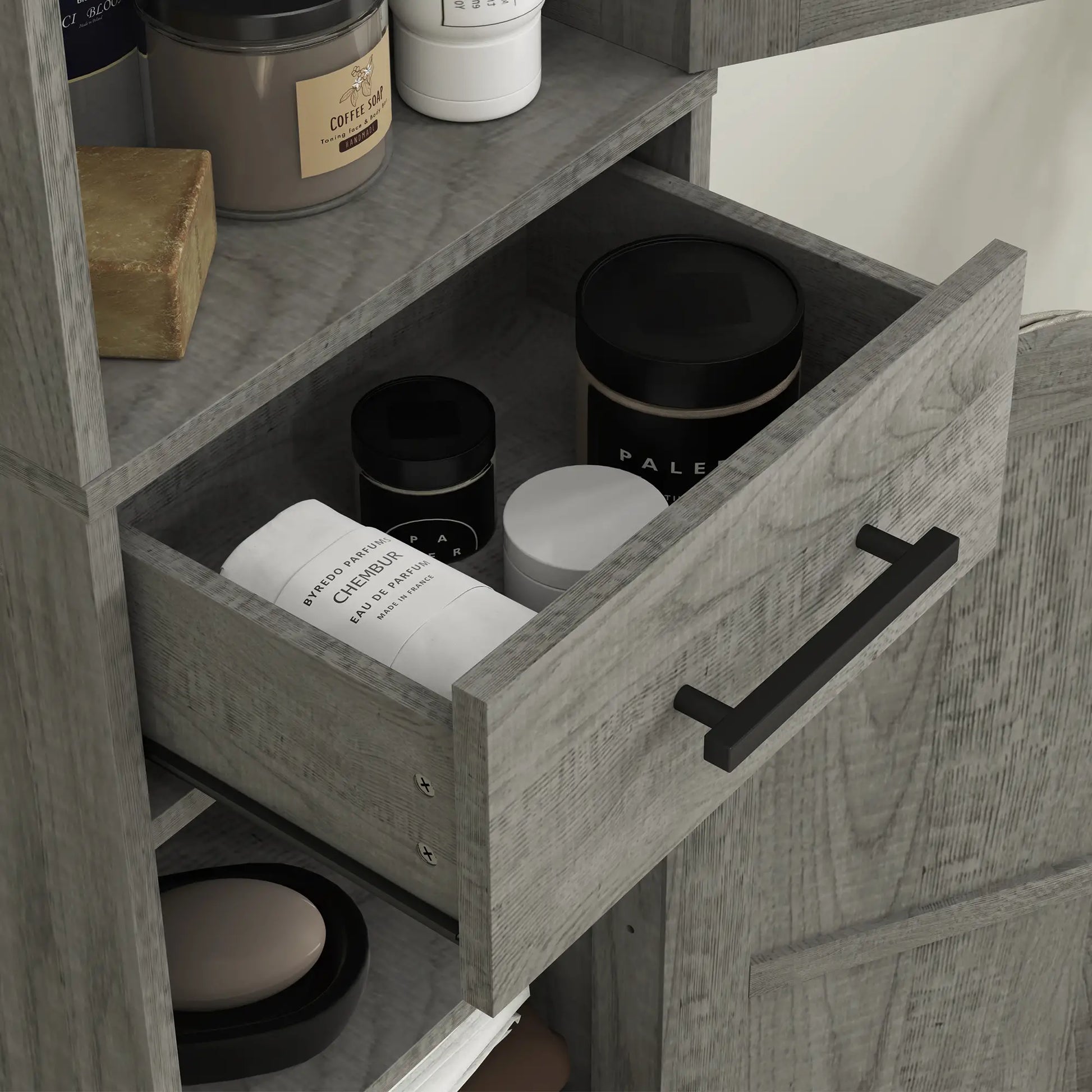 67" Tall Narrow Bathroom Cabinet, Adjustable Shelves, Barn Doors, Dark Grey Bathroom Cabinets at Gallery Canada