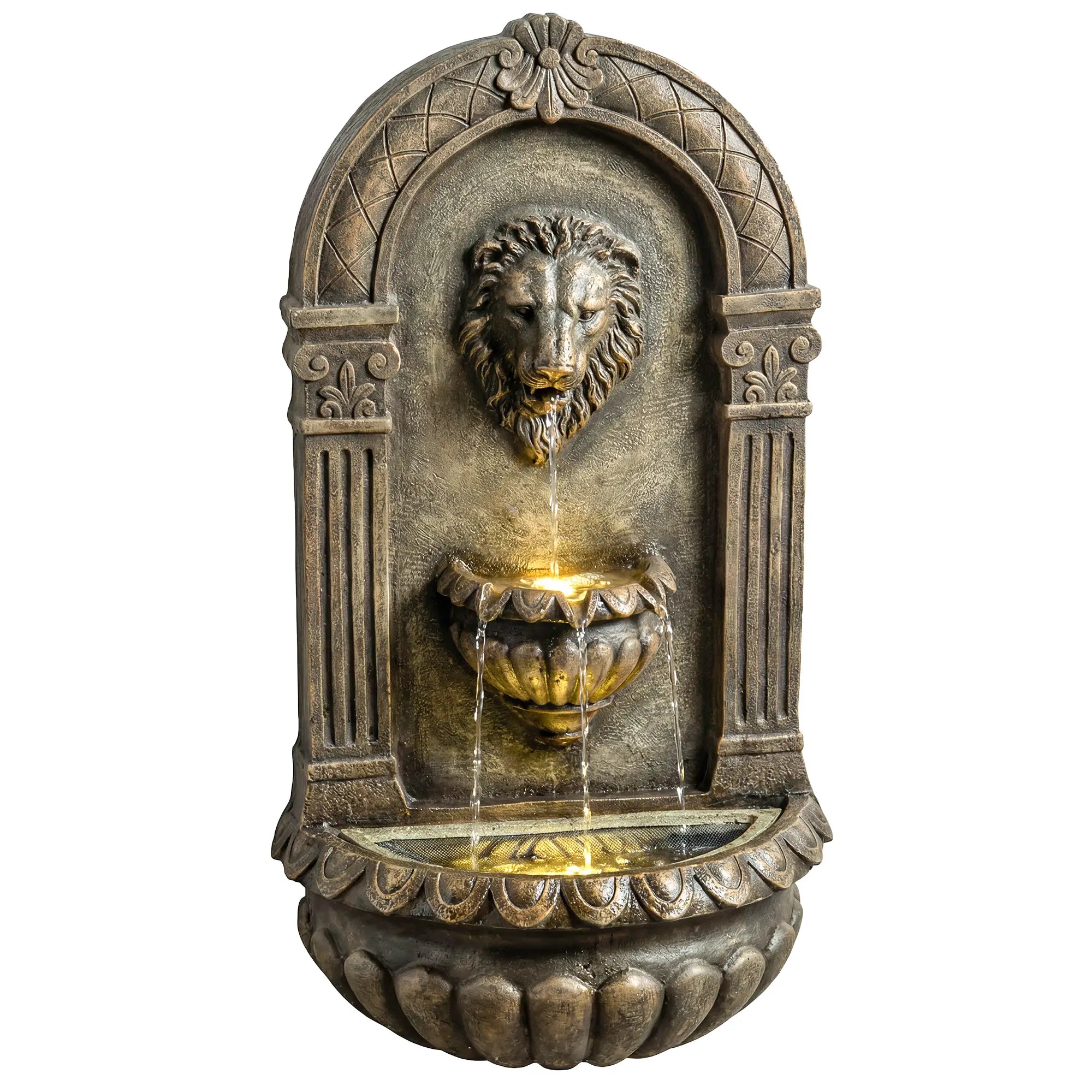 Wall Mounted 3 Tier Outdoor Fountain, Resin Waterfall With LED Lights, Rustic Brown Water Fountains at Gallery Canada