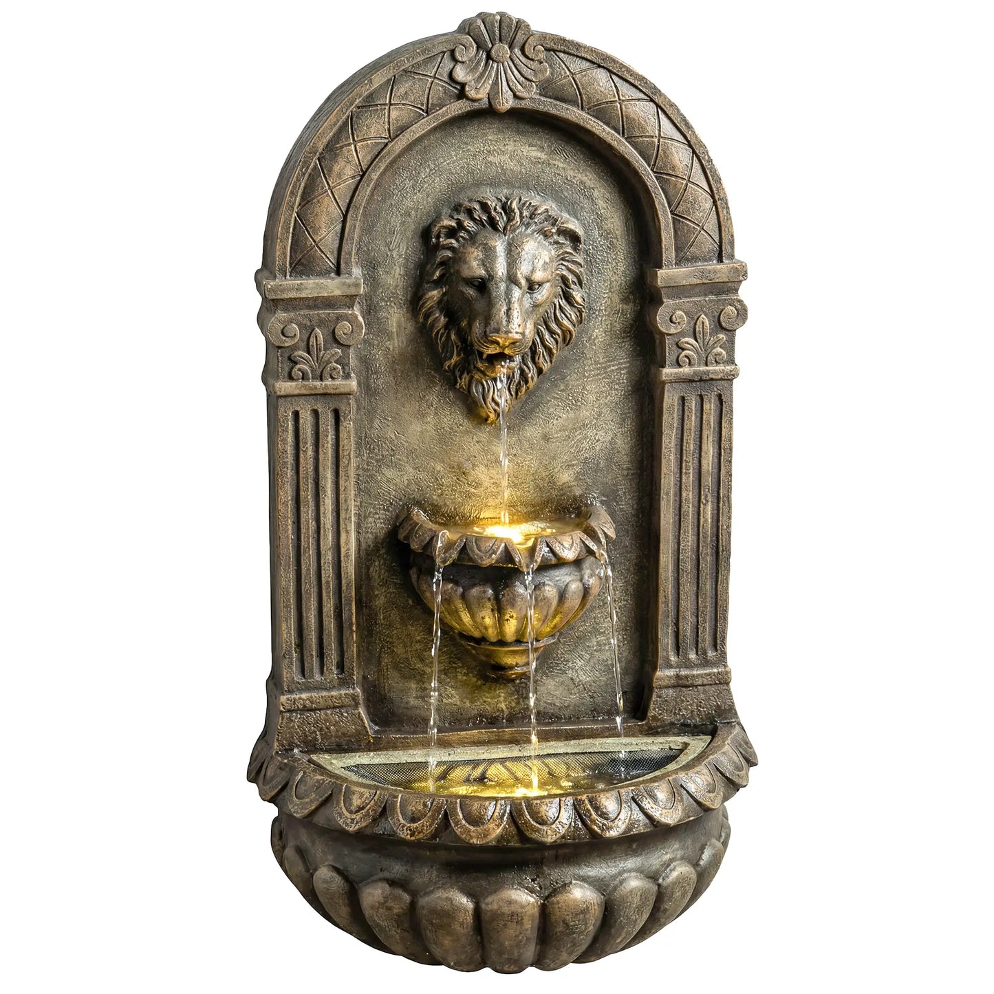 Wall Mounted 3 Tier Outdoor Fountain, Resin Waterfall With LED Lights, Rustic Brown Water Fountains at Gallery Canada