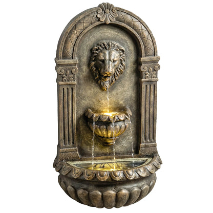 Wall Mounted 3 Tier Outdoor Fountain, Resin Waterfall With LED Lights, Rustic Brown Water Fountains at Gallery Canada