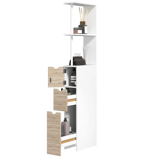 Tall Bathroom Storage Cabinet, Narrow Bathroom Cabinet with Drawers and Open Shelves for Small Spaces, Natural Wood Freestanding Bathroom Cabinets Natural Wood, White at Gallery Canada