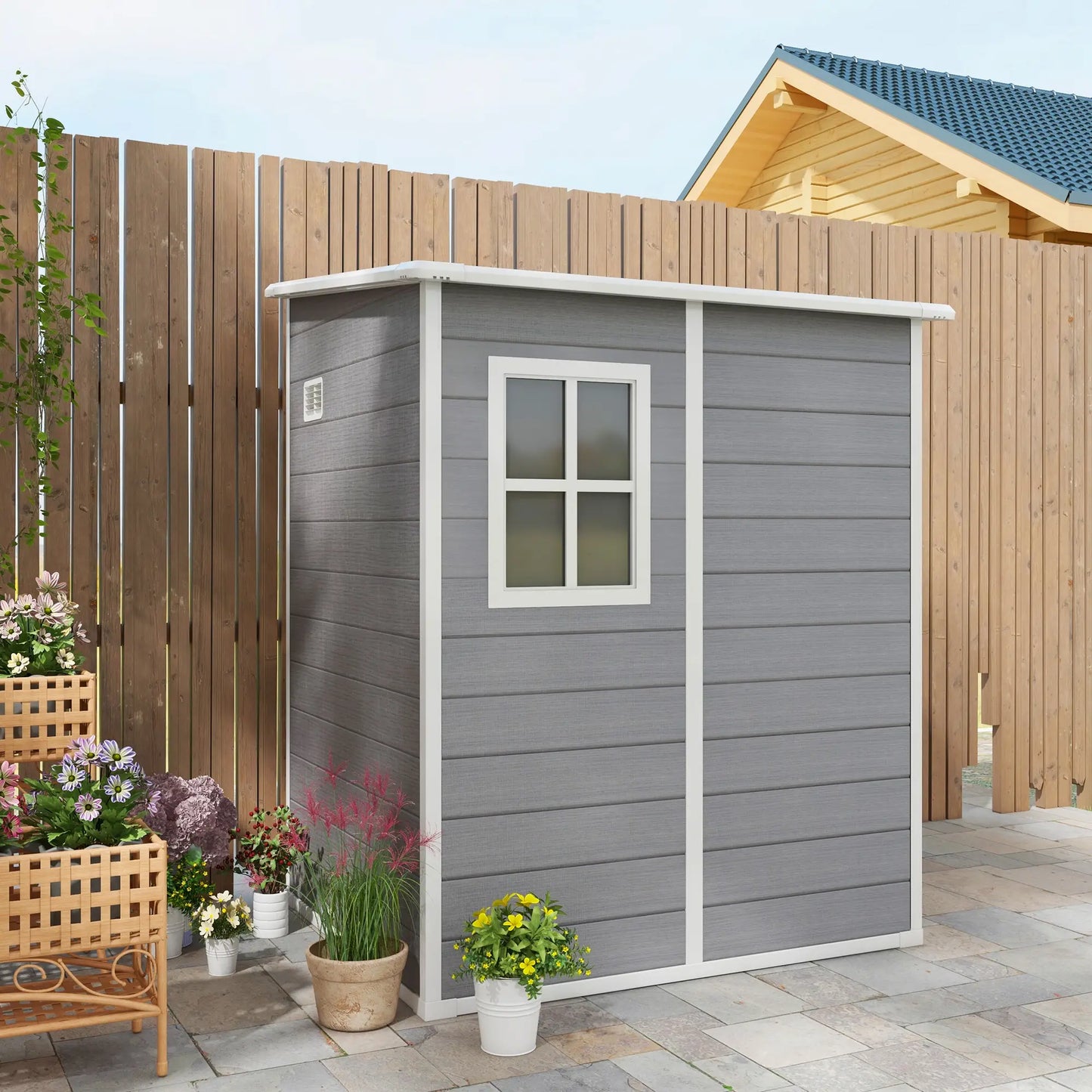 4'x5' Garden Tool Storage Shed, Lean to, Window, Vent, Plastic Roof, Grey Sheds at Gallery Canada