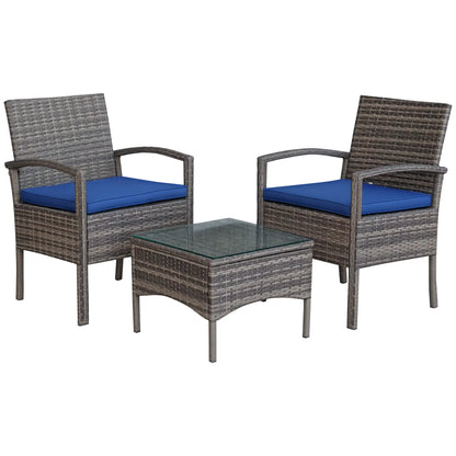 3-Piece Wicker Patio Set, Rattan Bistro with Coffee Table, Cushions, Blue Bistro Sets Blue at Gallery Canada