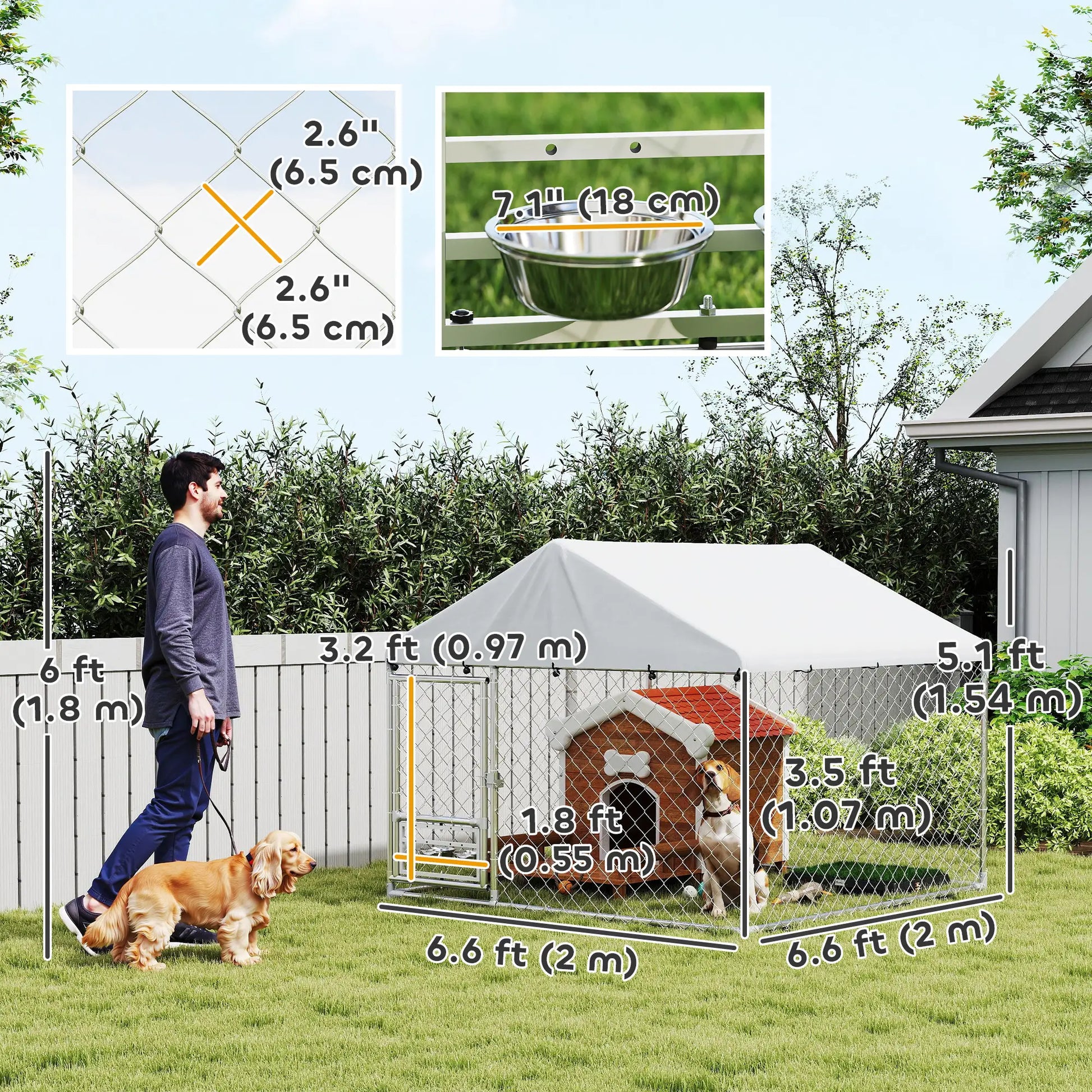 Outdoor Dog Run, Adjustable Rotating Bowls, Waterproof Cover, 6.6' x 6.6' x 5.1' Houses, Kennels & Pens at Gallery Canada