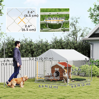 Outdoor Dog Run, Adjustable Rotating Bowls, Waterproof Cover, 6.6' x 6.6' x 5.1' Houses, Kennels & Pens at Gallery Canada