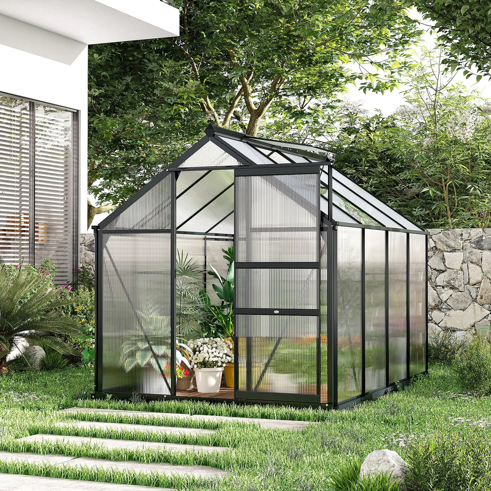 Greenhouse Garden, Outdoor Kit, PC Board Sliding Door, 6.2' x 8.3' x 6.6', Grey Walk In Greenhouses at Gallery Canada