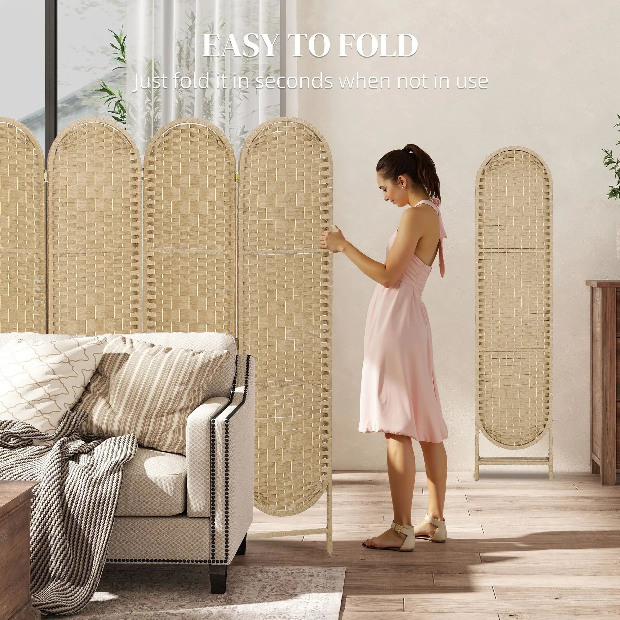 Bohemian Privacy Screen, 4 Panel Folding Room Divider, Arched Top, Natural Wood Room Dividers at Gallery Canada