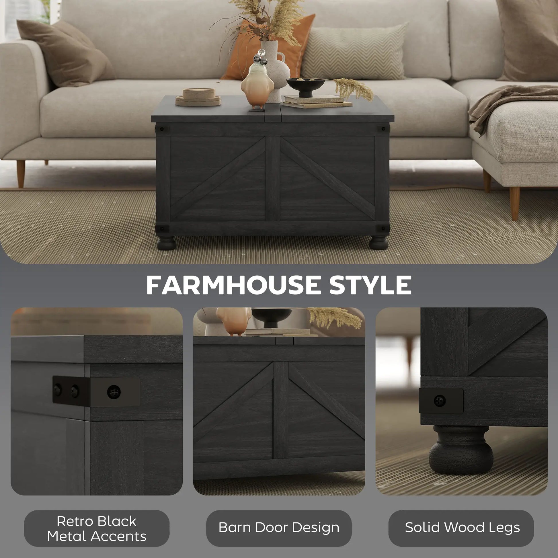 Lift Top Coffee Table, 32" Farmhouse Style, Hidden Compartment, Black Wood Grain, Black Coffee Tables at Gallery Canada