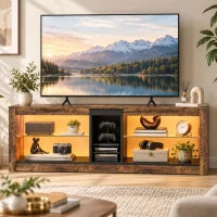 Meuble TV avec lumières LED, télécommande, étagères, brun rustique