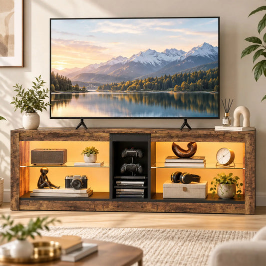 TV Stand Cabinet With LED Lights, Remote, Shelves, Rustic Brown TV Stands Rustic Brown at Gallery Canada