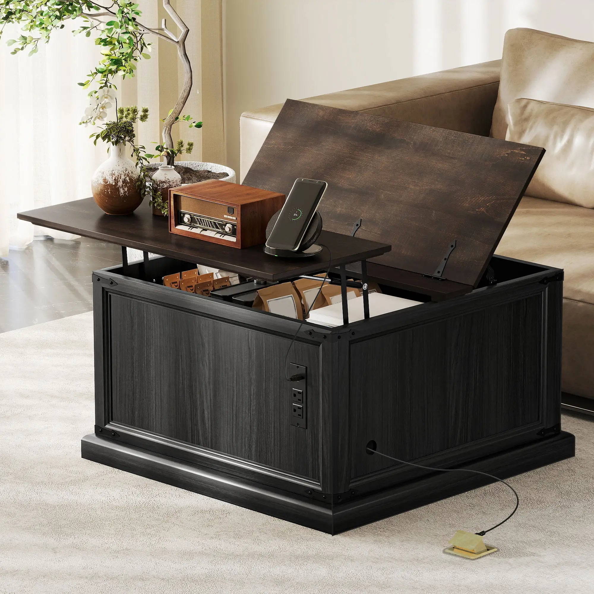 Lift Top Coffee Table, Square Farmhouse Center Table, Wood Grain, Black Coffee Tables at Gallery Canada