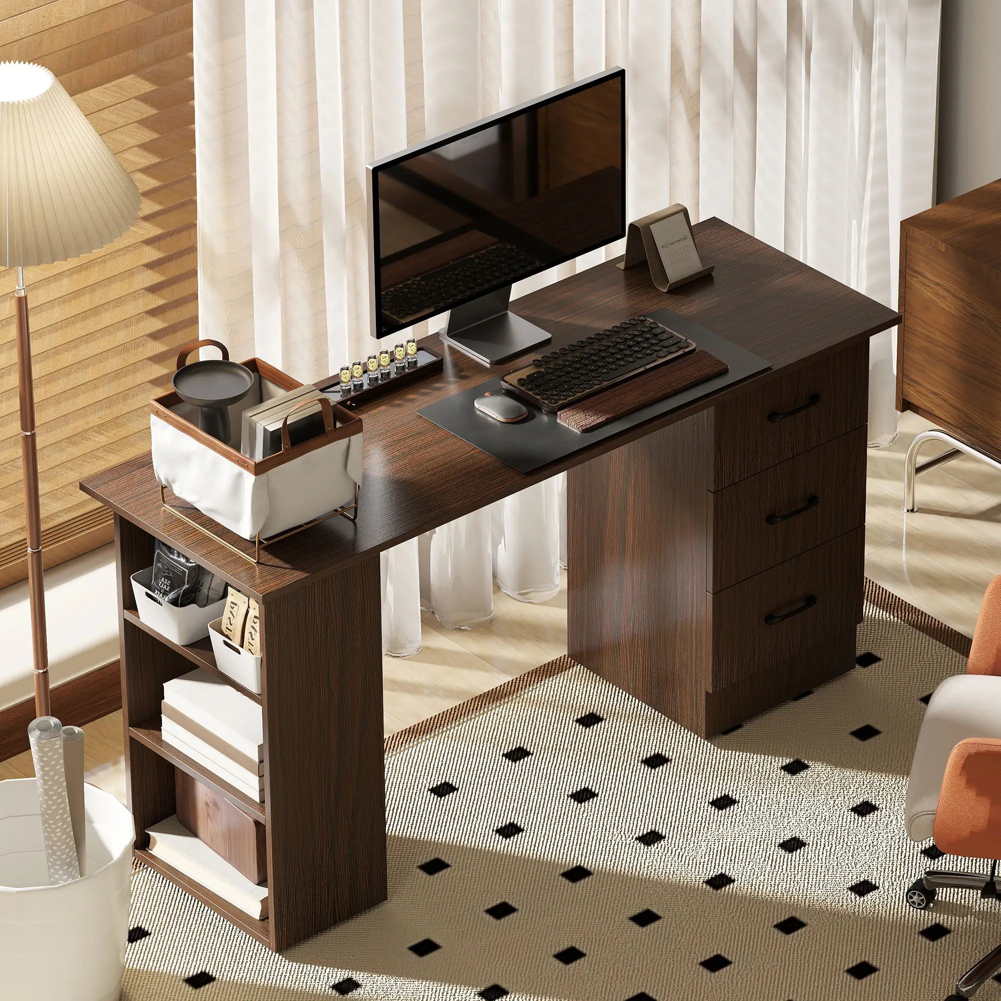 55 Inch Computer Desk, 3-Tier Shelves, 3 Reversible Drawers, Walnut Computer Desks at Gallery Canada