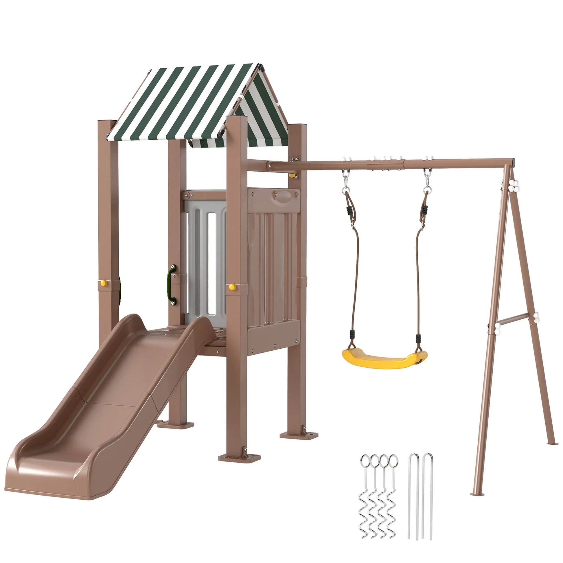 4-in-1 Kids Swing Set with Slide, Fort, Ladder, Stakes, Ages 3-8, Brown Gym Sets & Swings Brown, Yellow at Gallery Canada
