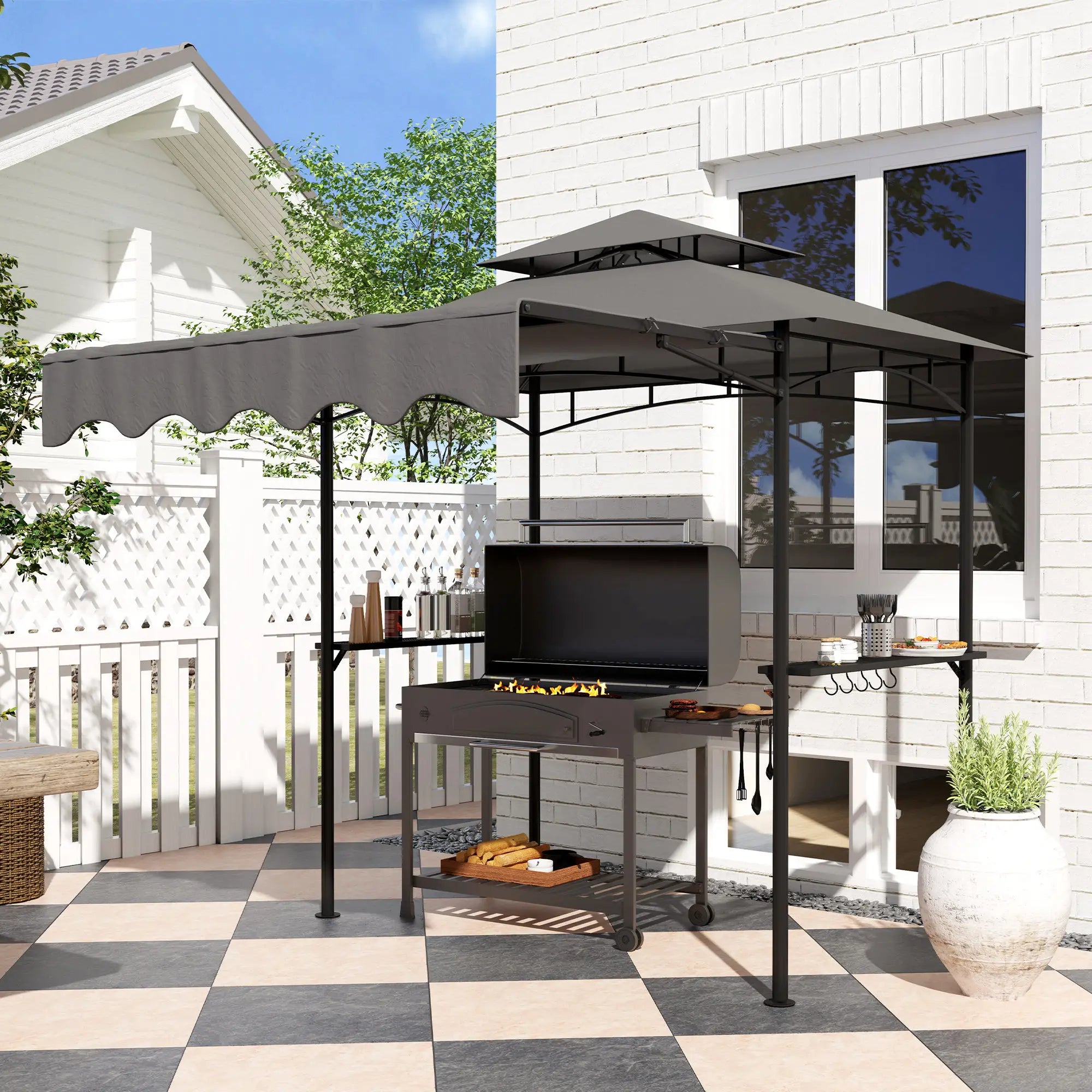 8' x 5' Grill Gazebo, Double Tiered Barbecue Shelter, Dark Grey BBQ Grill Gazebos at Gallery Canada