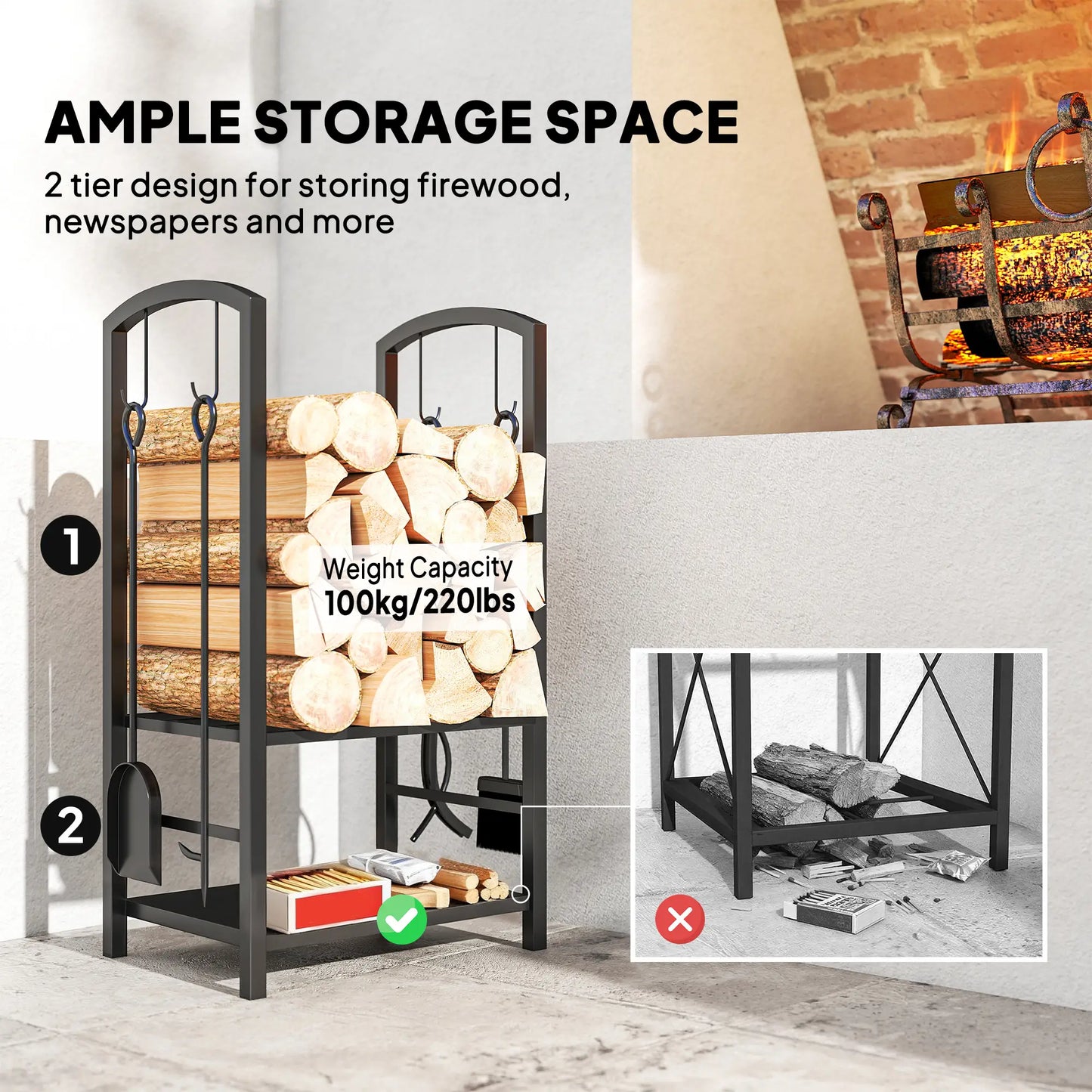 16" 2-Tier Firewood Log Rack, Storage Holder with Tools, Black Firewood Racks at Gallery Canada