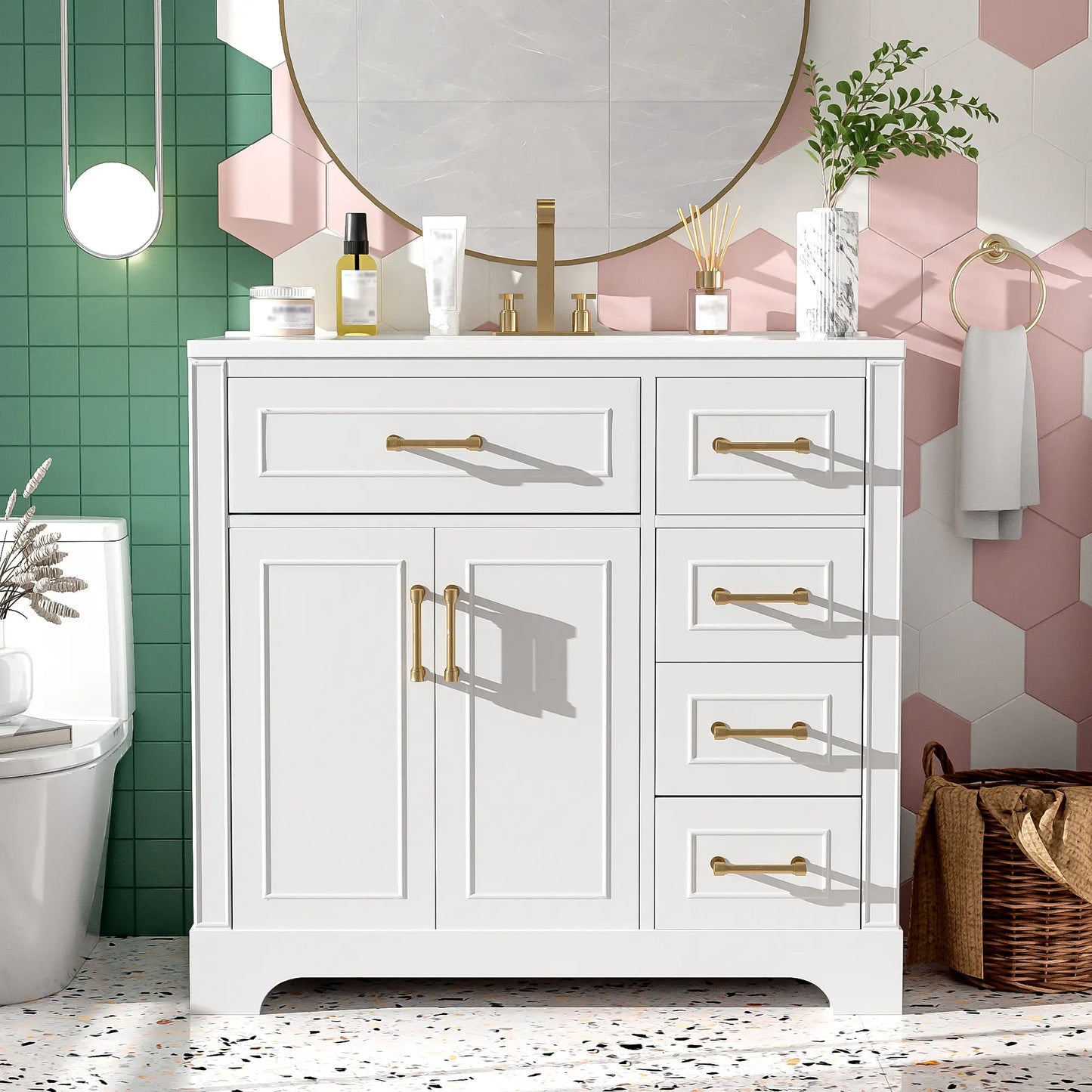 Bathroom Vanity, Ceramic Sink, Soft-Close Doors, 36" L x 18.5" W x 34" H, White Sink Cabinets at Gallery Canada