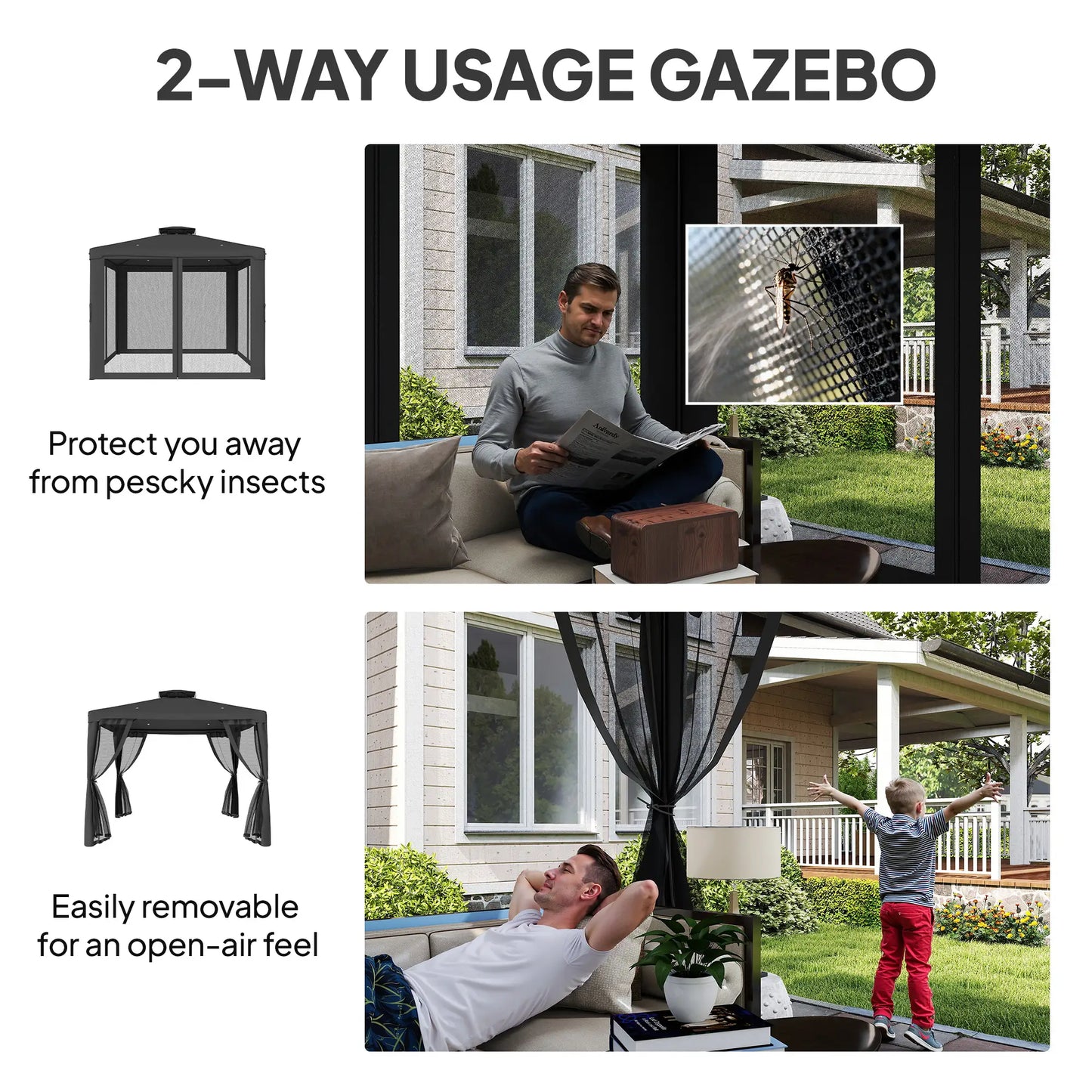 9.6' x 9.6' Gazebo, Steel Frame With Mosquito Netting, Dark Grey Gazebos at Gallery Canada