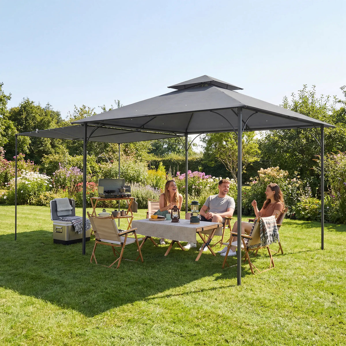 Patio Gazebo With Double Roof, Extendable Shade, 126" x126", Dark Grey Gazebos at Gallery Canada
