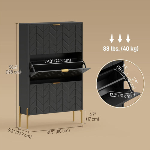 Shoe Cabinet, 3 Flip Drawers, Adjustable Shelves, Black