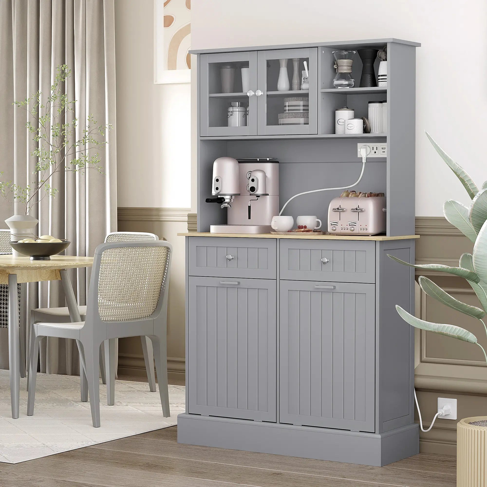 Kitchen Cabinet with Charging Station, 2 Tilt Out Cabinets, Microwave Stand, Grey Kitchen Pantry Cabinets at Gallery Canada