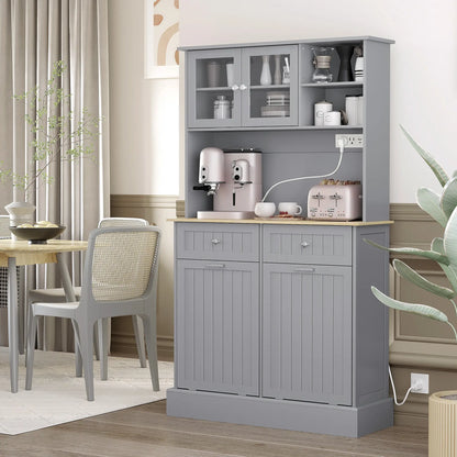 Kitchen Cabinet with Charging Station, 2 Tilt Out Cabinets, Microwave Stand, Grey Kitchen Pantry Cabinets at Gallery Canada