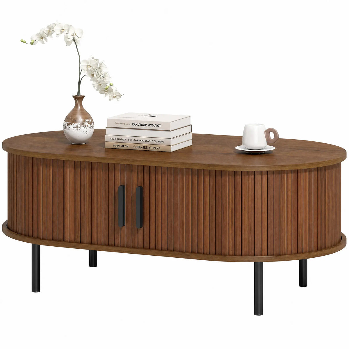 Coffee Table with Sliding Tambour Doors and Storage Center Table with Metal Legs, 39", Brown Coffee Tables Brown, Black at Gallery Canada