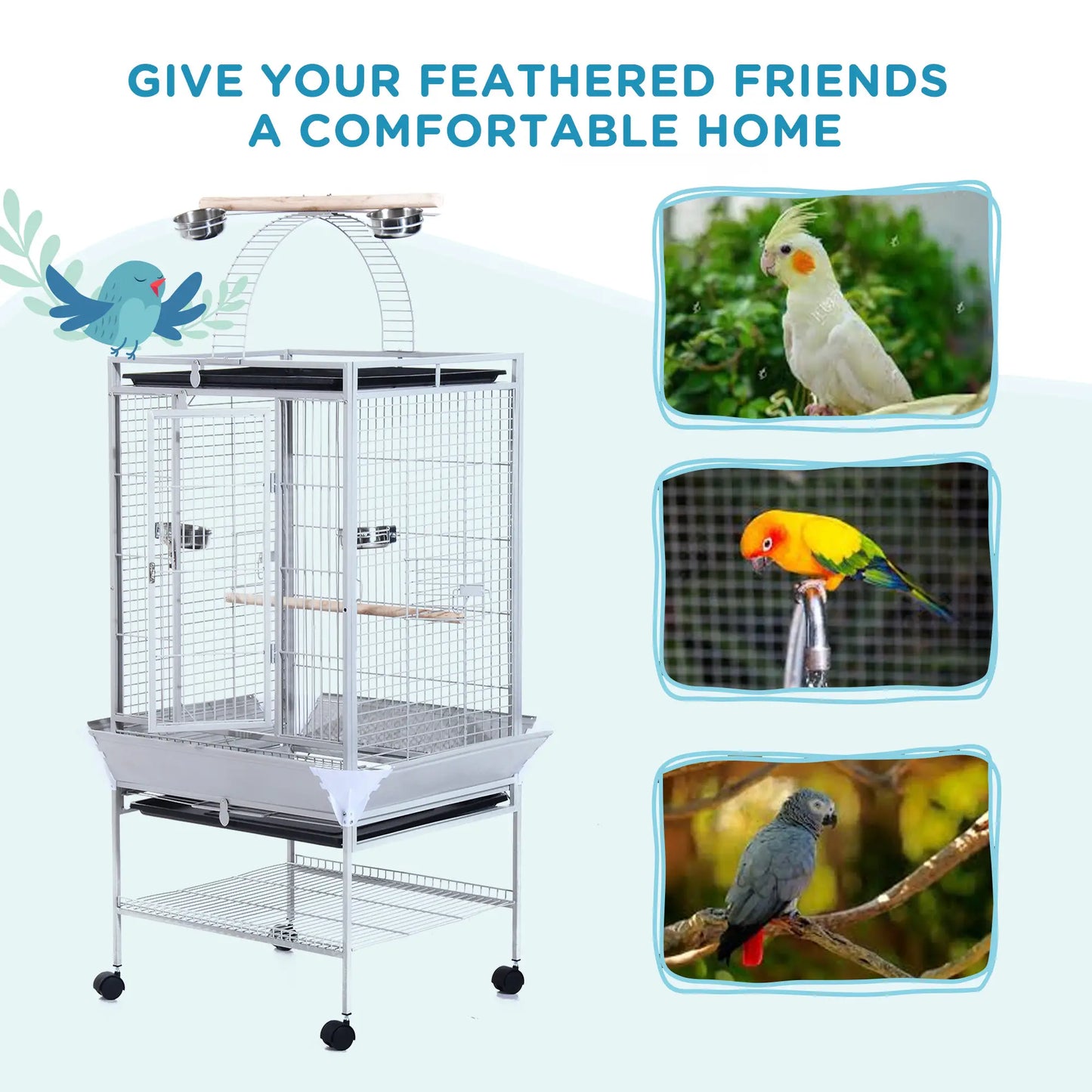63" Large Parrot Cage, Finch Feeder, Play Top, Silver Bird Cages at Gallery Canada