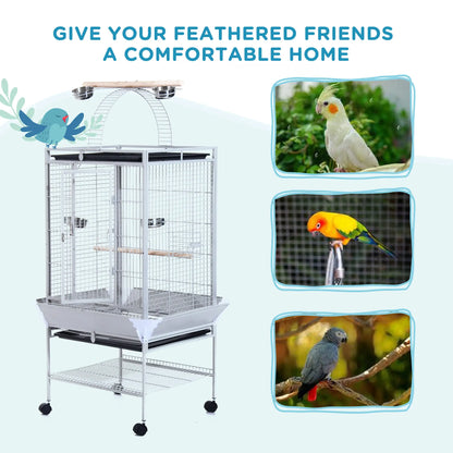 63" Large Parrot Cage, Finch Feeder, Play Top, Silver Bird Cages at Gallery Canada